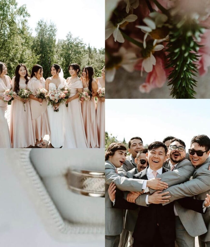 Bridesmaids, groomsmen, wedding ring and bouquet at Lazy Mountain Acres